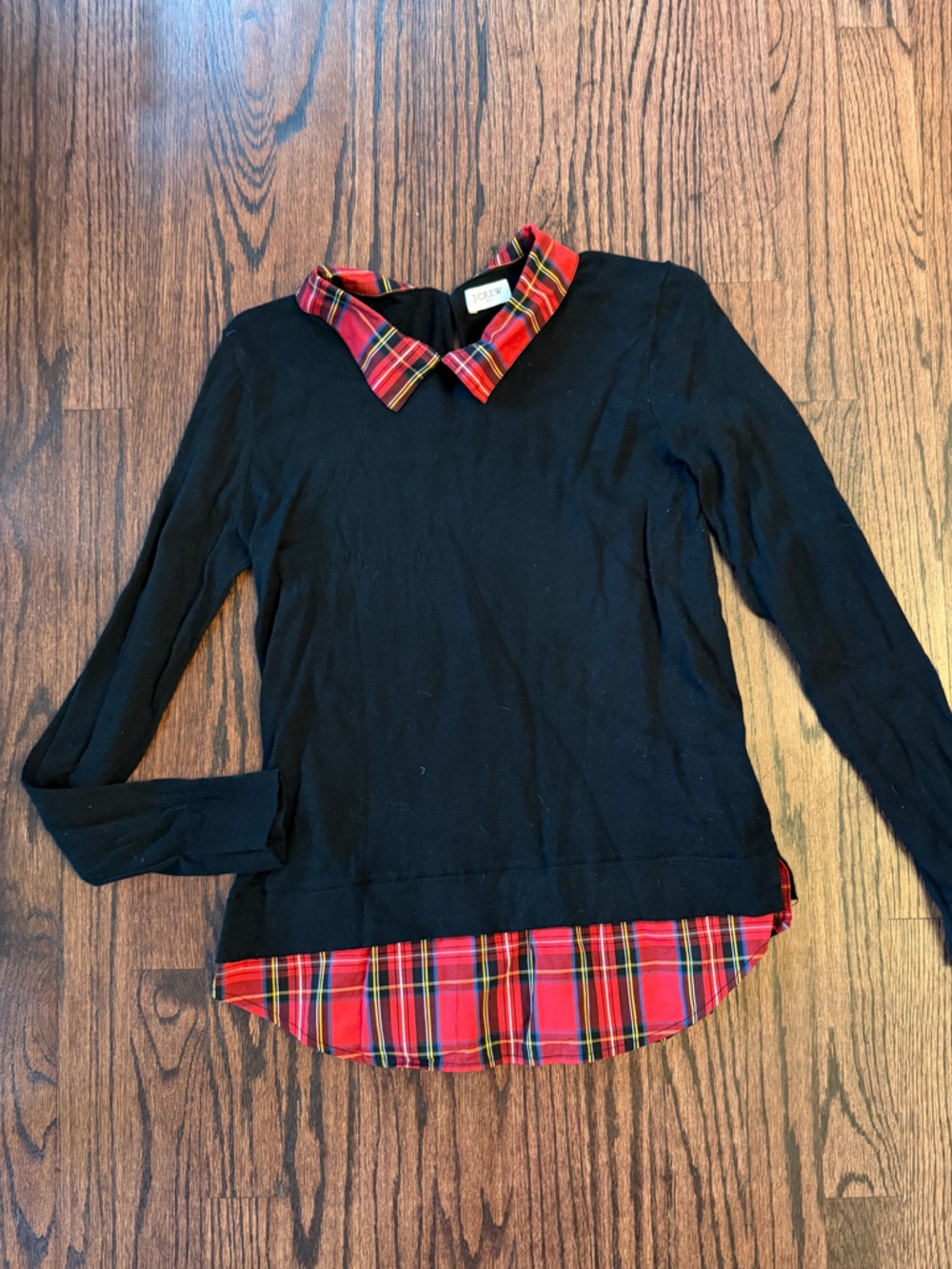 J. Crew Black Pullover with Red Plaid Collar and Hem